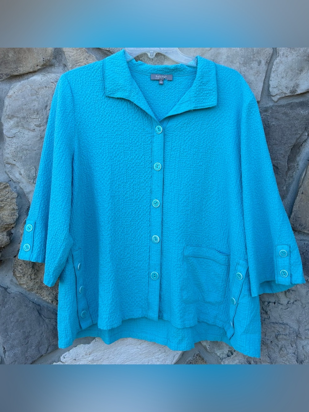 Habitat Clothes To Live In Top Size M Blue Button Up Blouse Lagenlook Boho Beach